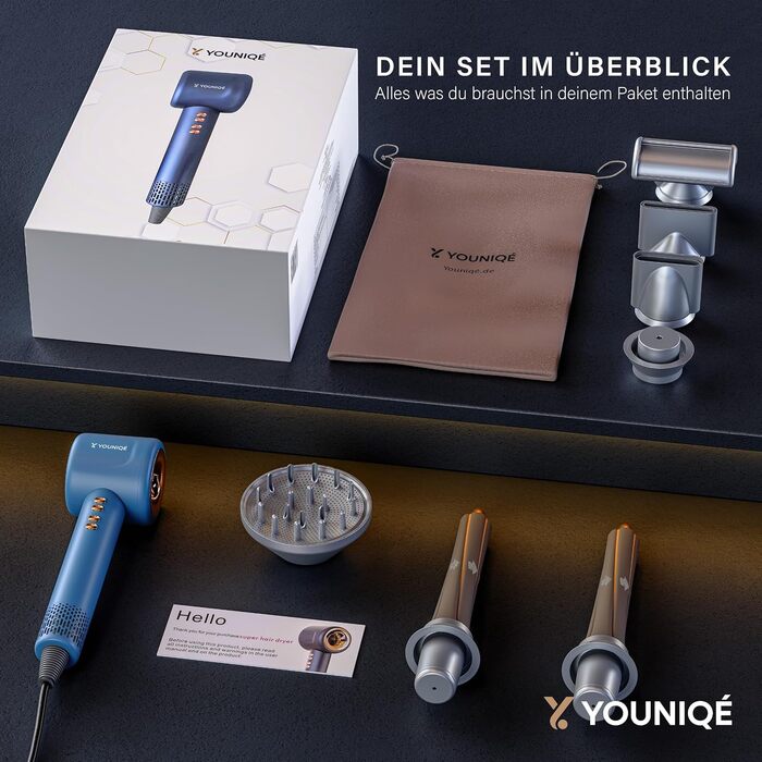 Фен YOUNIQÉ 5-в-1 з іонізацією, насадки для локонів, випрямлення, дифузор та концентратор, 1600W, LED, 4 температурні режими, магнітні насадки, ергономічний дизайн, блакитний/золотий