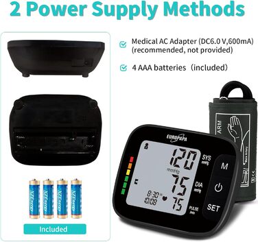 Тонометр EUROPAPA на плече для дому, вимірювання пульсу та артеріального тиску, велика манжета (22-42 см), 2 * 60 пам'ять, для 2 користувачів (чорний)
