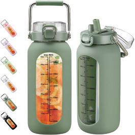 BLUEGO 2000ml Glass Water Bottle with Stainless Steel Handle and Time Marker 2L Motivation Glass Dryer with Silicone Sleeve and Straw for Gym, Office, Outdoors, Sports Water Bottles BPA-Free, Oliver