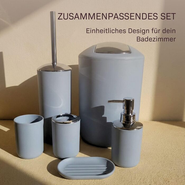 Набір аксесуарів для ванної кімнати 6 предметів, пластик, сірий: йоржик для унітазу, відро, стакан для зубних щіток, мильниця, дозатор для мила, піднос