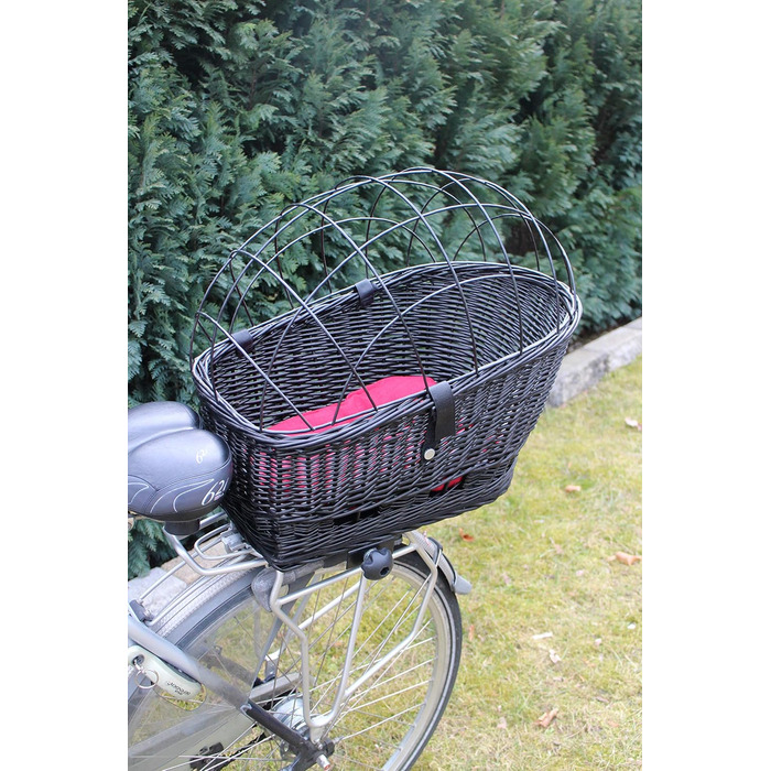 Корзина для велосипеда для перевезення вантажу з ротангу з металевою сіткою та подушкою, чорна XL або XXL. Підходить для собак та інших тварин. Розміри: XL (56 x 36 x 45 см) з подушкою.