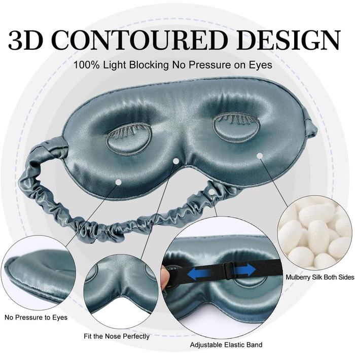 Маска для сну ZIMASILK з регулюванням, 22 Momme, 100% шовк маруси, 3D-форма, м'яка та дихаюча, блокує світло, (Блакитний туман)