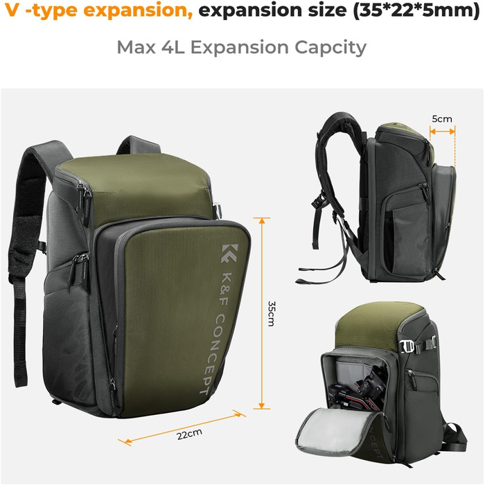 Рюкзак для фотокамери K&F Concept Alpha, 25L, чорний, з відділенням для 16-дюймового ноутбука, сумісний з Canon/Nikon/Sony/DJI Mavic