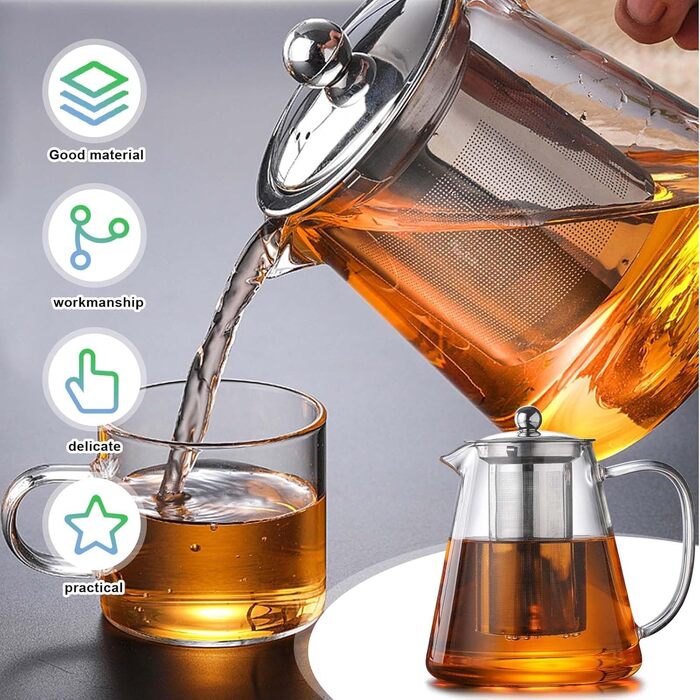 Скляний чайник для заварювання чаю з ситом та кришкою, термостійке боросилікатне скло, 1300 мл