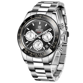 Чоловічий годинник BENYAR з кварцовим механізмом, аналоговий хронограф, бізнес-стиль, водонепроникний, з нержавіючої сталі, для відпочинку та спорту (чорний та білий)