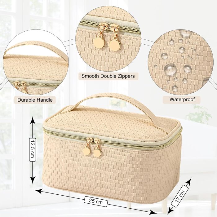 Жіноча косметичка для подорожей, водонепроникна, з відділенням для пензликів, з PU шкіри, велика, оливковий зелений (M Beige)