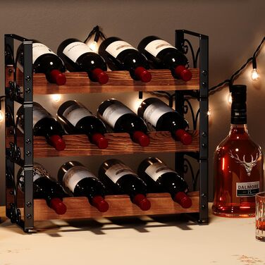 Rustic 3-Tier Stackable Wine Rack Freestanding 12 Bottle Organizer Holder Stand Countertop Liquor Storage Shelf Solid Wood & Iron 16.5
