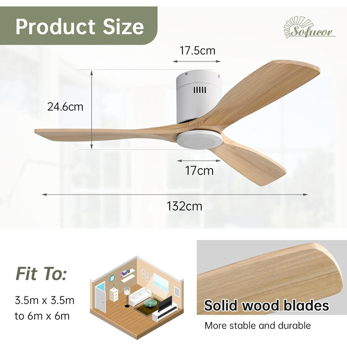 Стеляний вентилятор Sofucor з дистанційним керуванням, дерев'яний, 132 см, 6 швидкостей, DC мотор, тихий, з таймером, для спальні (без світла, монтаж врізний, натуральне дерево)