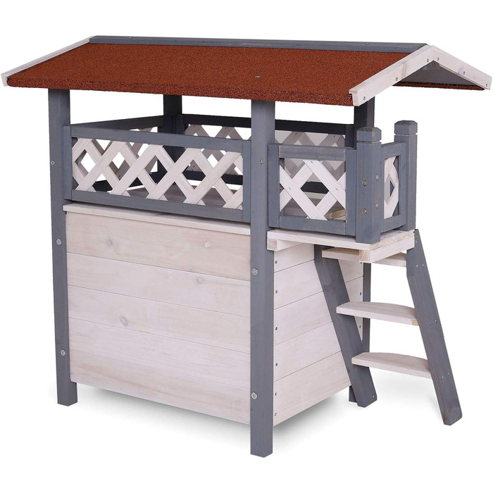 Кішковий будиночок Lionto з терасою та сходами, вуличний, сірий/білий, 77x50x73 см