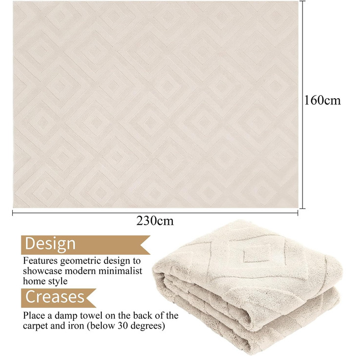 Килим для вітальні SHACOS, короткий ворс, бежевий, геометрія 3D, 120x160/160x230 см