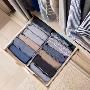 4 Piece Closet Clothes Organizer with Support Board, Foldable Jeans Organizer for Drawers, Washable Compartments, Closet Organizer and Storage Baskets for Jeans, 5 + 7 Grids, Grey (4 x 5 Compartments)