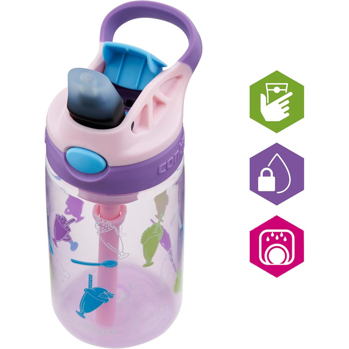 Contigo Kinder Trinkflasche Easy Clean Autospout with Straw, BPA-free durable water bottle, 100% leak-proof, easy to clean, ideal for daycare, kindergarten, school, and sports, 420 ml (Strawbery Shakes, Plastic)