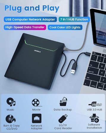 Зовнішній DVD-накопичувач ORIGBELIE з RJ45 Ethernet-адаптером та USB 3.0 хабом (3 USB, 2 TF/SD), зовнішній CD-записувач для ноутбука, MacBook, PC Windows, Linux, Mac OS, з сумкою для перенесення