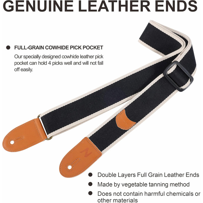 Гітарний ремінь з бавовни та шкіри з кишенькою для медіатора - для електрогітари (чорний)
