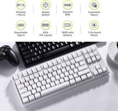 Клавіатура ігрова Royal Kludge RK87G RGB TKL механічна бездротова, 87 клавіш, коричневі тактильні перемикачі, макро-налаштування, підсвічування