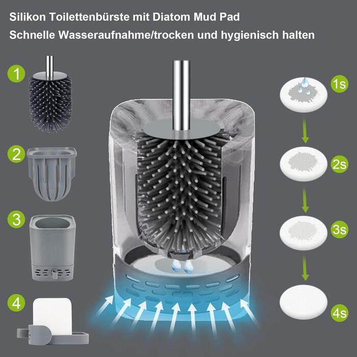 Силіконова щітка для туалету Glowbal з контейнером, швидковисихаюча, для ванної кімнати, монтаж на стіну або стоячи, білий/сірий колір