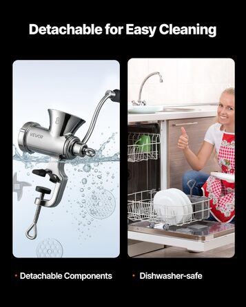 М'ясорубка ручна VEVOR з нержавіючої сталі 304, з присоскою для столу та насадками для ковбас (4.5/8 мм, 4 насадки)