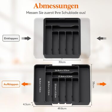 Органайзер для столових приборів Lifewit в шухляду, розсувний, пластиковий, 7-9 відділень, 38-50 см, чорний
