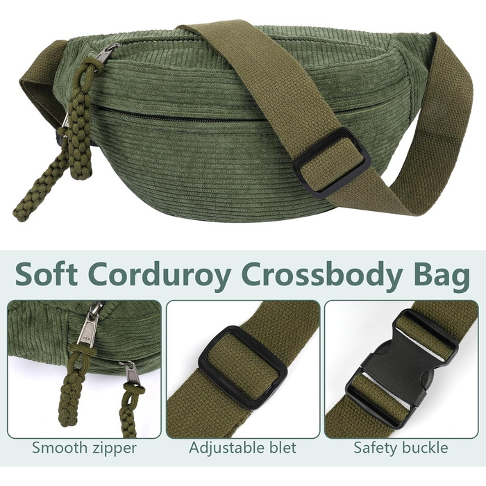 Жіноча сумка через плече, поясна сумка, сумка кросбоді з корду, стильна та практична нагрудна сумка, сумка на пояс, для спорту, подорожей, зеленого кольору