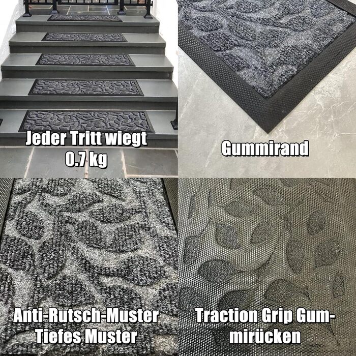 Гумові килимки для сходів Aucuda, 6 шт., 76x22 см, зовнішні, антиковзкі, водостійкі, сірі (листя)