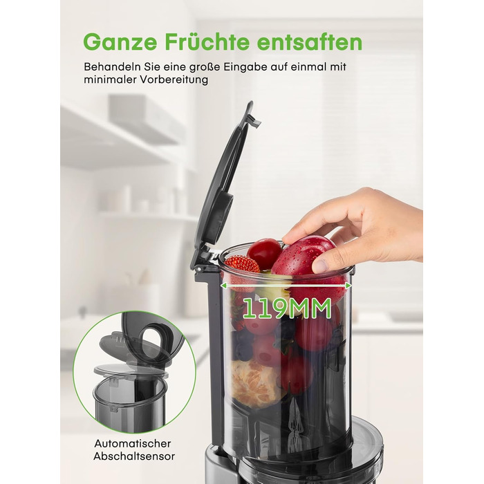 FOHERE Slow Juicer, Vegetable and Fruit Extractor, 119MM Opening, Electric Cold Press with Quiet 200 Watt Motor, Easy to Clean with Double-Layer Filter and Reverse Function