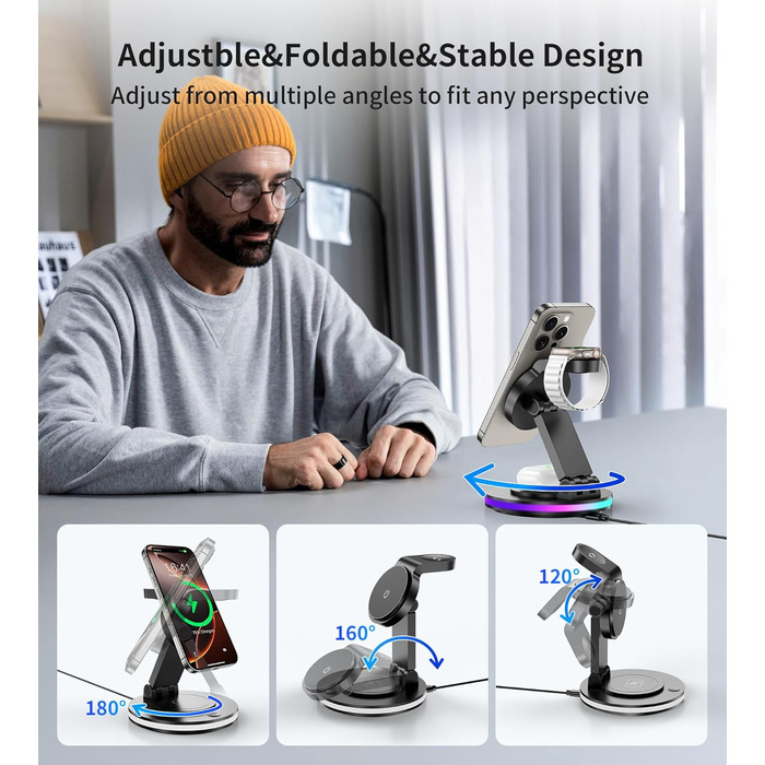 Зарядний пристрій MagSafe 3-в-1 для Apple Watch та iPhone, складний, поворотний з регулюванням світла, бездротовий зарядний стан MagSafe для iPhone 16/15/14, AirPods (без адаптера) - Чорний