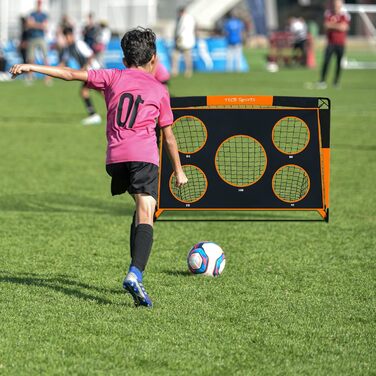 TTCB Sports 2-in-1 Kids Soccer Goal - 5 Target Areas, Pop-Up Soccer Goal Net with Carry Bag, Ideal for Soccer Training & Gifts for Boys - Orange, 150x120x120cm