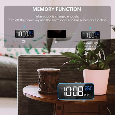 Цифровий будильник LATEC з великим LED-дисплеєм температури, USB-зарядкою, 10 мелодіями, регулюванням яскравості та гучності, функцією відкладання, 2 будильниками, 12/24 год (блакитний)