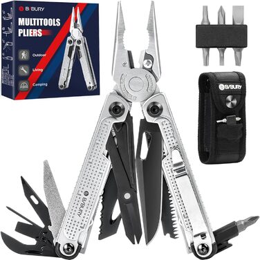 BIBURY Multitool Pliers, Stainless Steel Multi Tool with Improved Wire Cutter & Screw Driver, Folding Self-Locking Multitools with Nylon Pouch for Camping, Hiking, Survival, Gift for Men, Dad