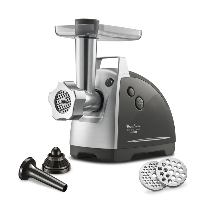 М'ясорубка електрична Moulinex ME6868, 2200 Вт, 4 насадки, реверс, чорний/срібний