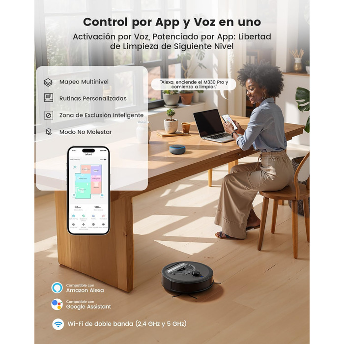 Робот-пилосос LEFANT M1 з функцією миття, 5500Pa, для твердих підлог та шерсті тварин, керування через додаток/Alexa, білий (M330 Pro)