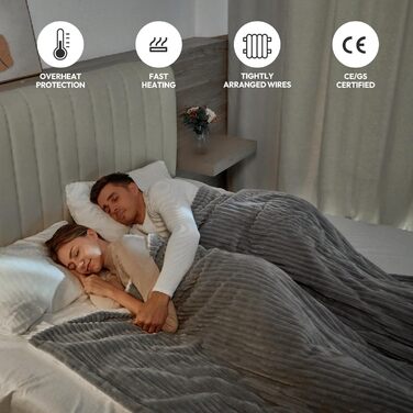 Електрична ковдра з підігрівом YDW 200x180 см з автовимкненням - тепла та затишна ковдра для ліжка, захист від перегріву, пральна, сіра