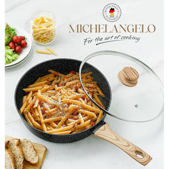 Сковорода з антипригарним покриттям Michelangelo з кришкою 28 см, глибока сковорода з кришкою, сковорода для тушкування 28 см, індукційна сковорода з антипригарним покриттям та м'якою бакелітовою ручкою, підходить для індукційних плит, чорна, глибока сков