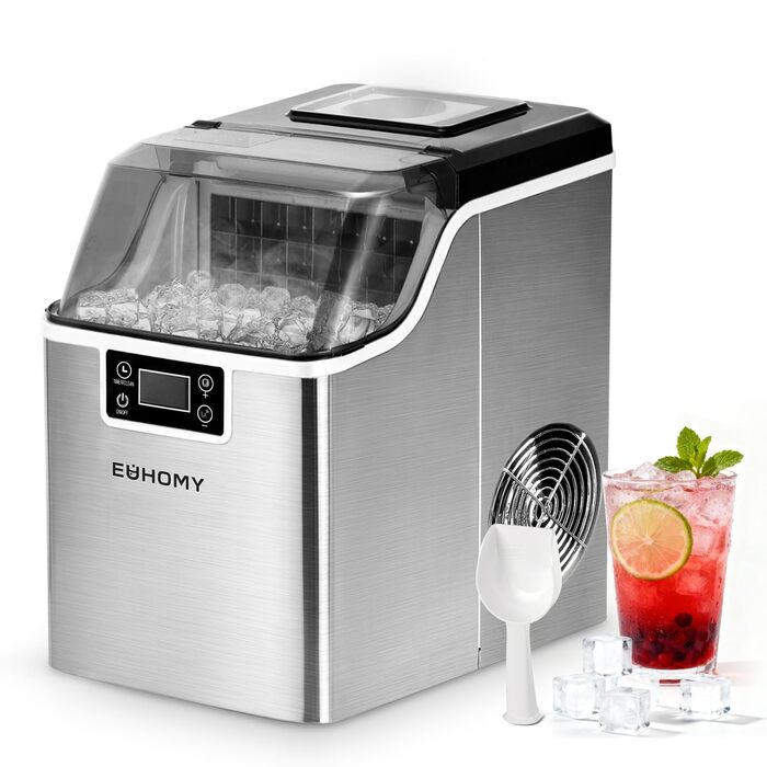 Машина для приготування льоду EUHOMY з нержавіючої сталі, 24 кубики за 13 хвилин, 24 кг/24 год, самоочисна, 3.2 л, з лопаткою та кошиком для дому/кухні/офісу/бару, срібна