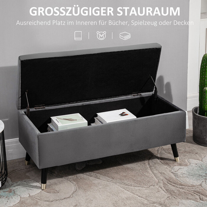HOMCOM Bench with Cushion and Storage, Trunk Bench made of Metal and Rubber Wood, Coal Grey, 110 x 43 x 45 cm for Entryway and Living Room