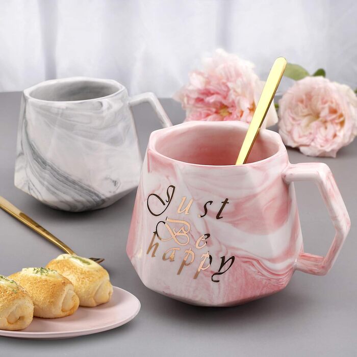 Just Be Happy - Set of 2 Coffee Mugs, Awanber 15 Oz. Ceramic Marble Coffee Mugs, Best Mug Set Gift for Women, Girlfriend, Couples, Partner, Mother for Birthday, Christmas, Wedding – in Gift Box