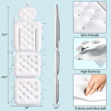 Luxury Bathtub Pillow with Mesh Bag - Thick Head, Neck & Back Support - White - 129.5 x 40.6 cm