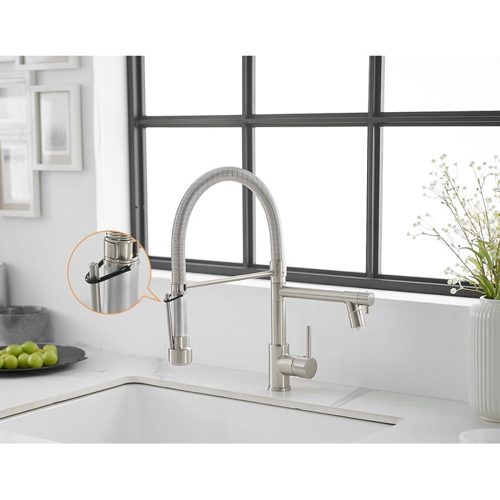 LED кухонний змішувач з спіральною пружиною, поворотний на 360°, з двома виливами, висувний, для кухні, з високим тиском, з нержавіючої сталі, LED, матове нікелювання