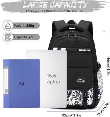 Шкільний рюкзак Tanou для хлопців-підлітків, чорний, з принтом графіті, водонепроникний, 10-18 років