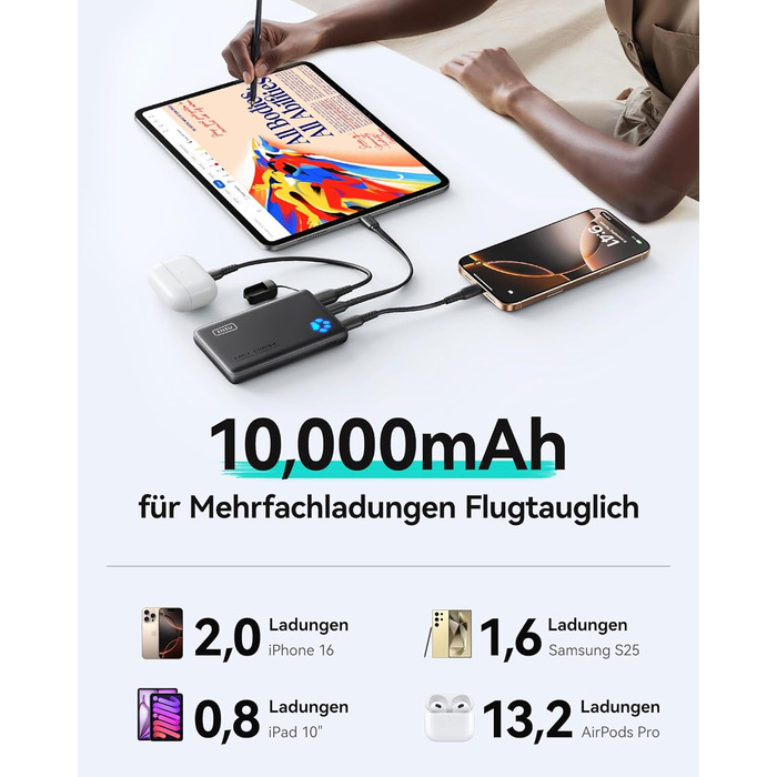 Power Bank INIU 10000mAh 45W USB-C PD3.0 з ліхтариком, бежевий - Зовнішній акумулятор для iPhone, Samsung, iPad