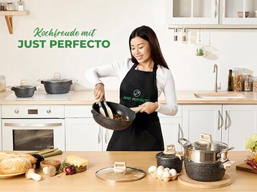 JUST PERFECTO Induction Cookware Set - Frying Pan Set with Lid - 24cm Frying Pan, 28 cm Frying Pan - Cookware Set 28cm Non-Stick Pan without PTFE and PFOA (15-Piece Black)