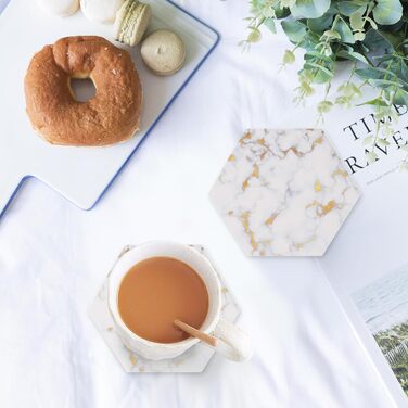 Marble-Style Coasters, Set of 6 - Drink Coasters for Wood Table With Metal Holder - Gold-Colored Ceramic Cup Set - Rustic Home Decor, Room Decor, Party (Luxury White Gold Marble 06)