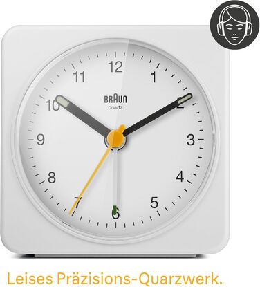Braun Classic Analog Alarm Clock with Snooze Function and Light, Silent Quartz Movement, Crescendo Alarm, White Model BC03W
