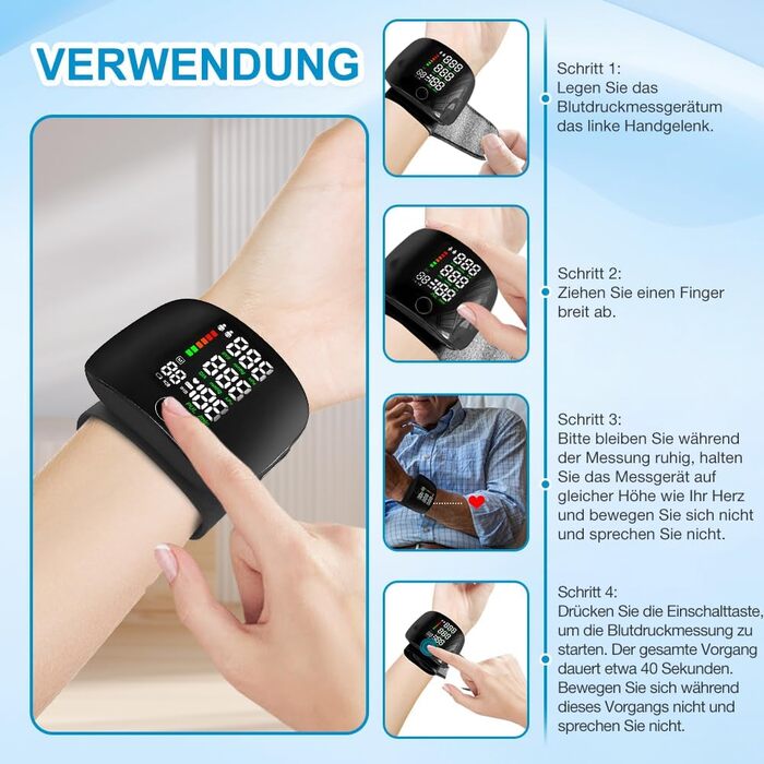 Тонометр на зап'ясті ADDLIVE Digital - точний вимір артеріального тиску з LCD-дисплеєм та пам'яттю на 99 показників, автоматичне озвучування (німецька мова)