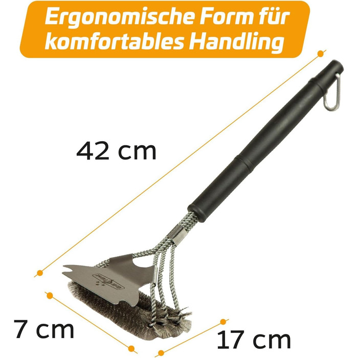 3X Grillfürst Premium Grill Brush with Brass Bristles, 45 cm - Grill Cleaning Brush for Grill Grate, Grill Grate Brush with wide 3-fold brush head and scraper (2x stainless steel with scraper)