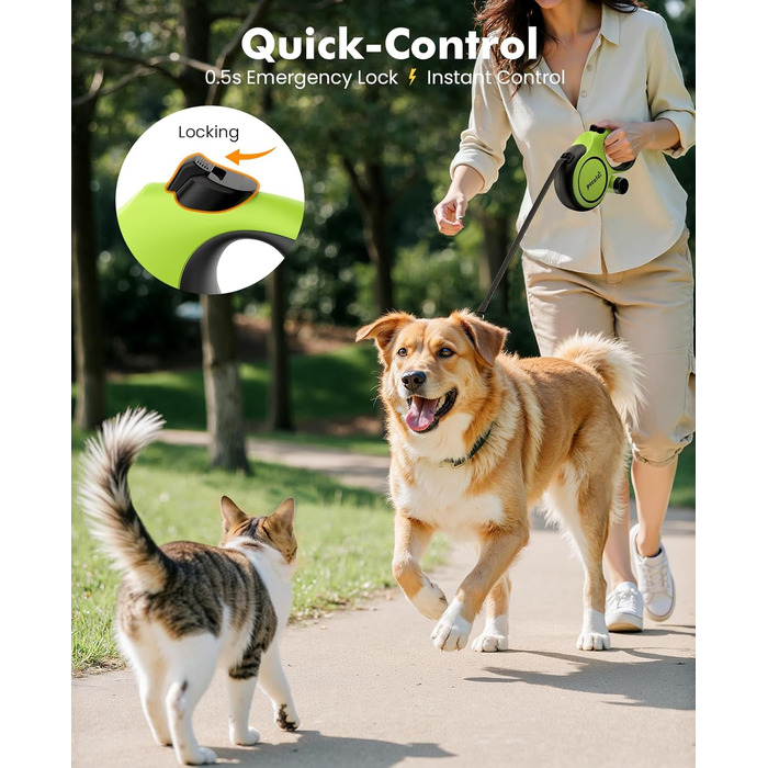 Рулетка для собак Pecute 8м, бісостійка, з набором для збору відходів, 360° без перекручування, для собак середніх та великих (15-50кг), зелена