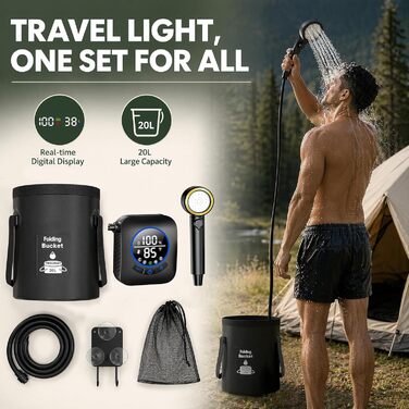 Camping Dusche 2026: Портативний душ для кемпінгу з акумулятором, 6000mAh, 3 режими, 5 галонів, складаний водостік для подорожей та походів