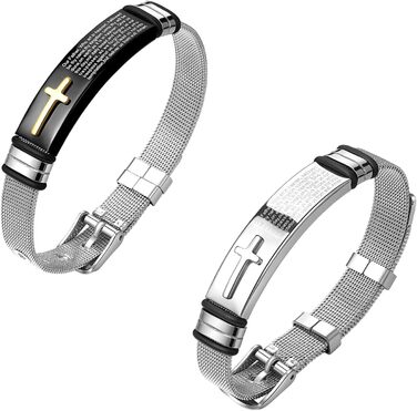Чоловічий браслет JewelryWe з хрестом, сітчаста ланцюгова модель, нержавіюча сталь, гума, регульований розмір, чорний/золотий/срібний, безкоштовна гравіювання (2x Біблія)