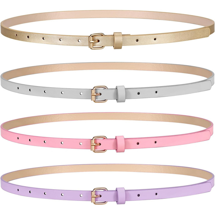 LEACOOLKEY Набір з 4 тонких шкіряних жіночих ременів для суконь, джинсів та штанів з золотою пряжкою (100см, 130см). Підходить для об'єму талії 66-79см та 104-114см. Кольори: золото, сірий, рожевий, фіолетовий