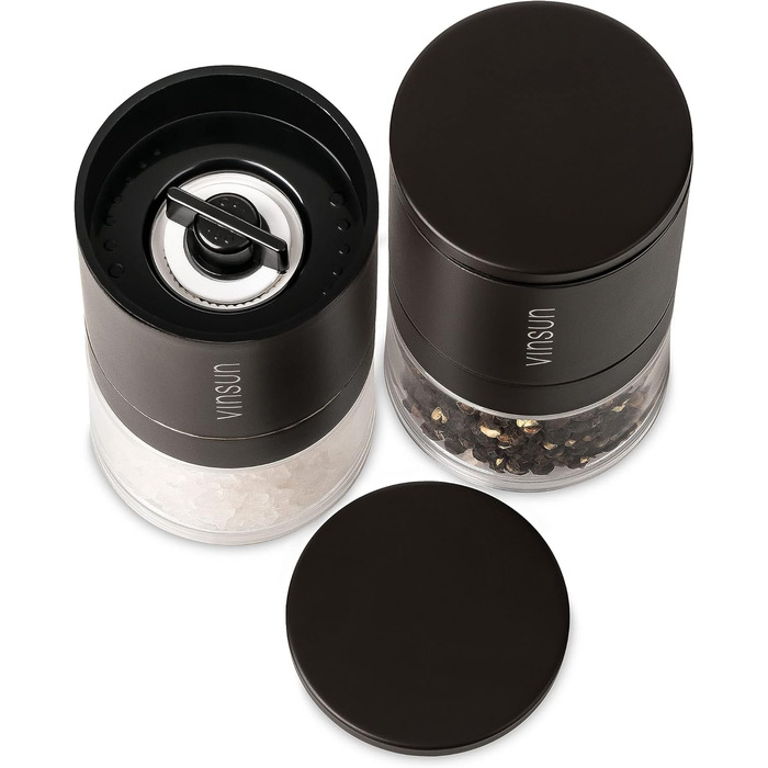 Набір з 2 мельниць для солі та перцю Vinsun - ручні, керамічний механізм, регульований, нержавіюча сталь, ø51x100mm